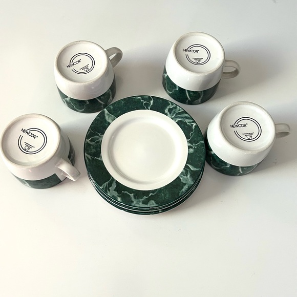 Set of 4 Newcor Vintage White & Green Coffee / Tea Cup and Saucer Plate - Picture 5 of 7